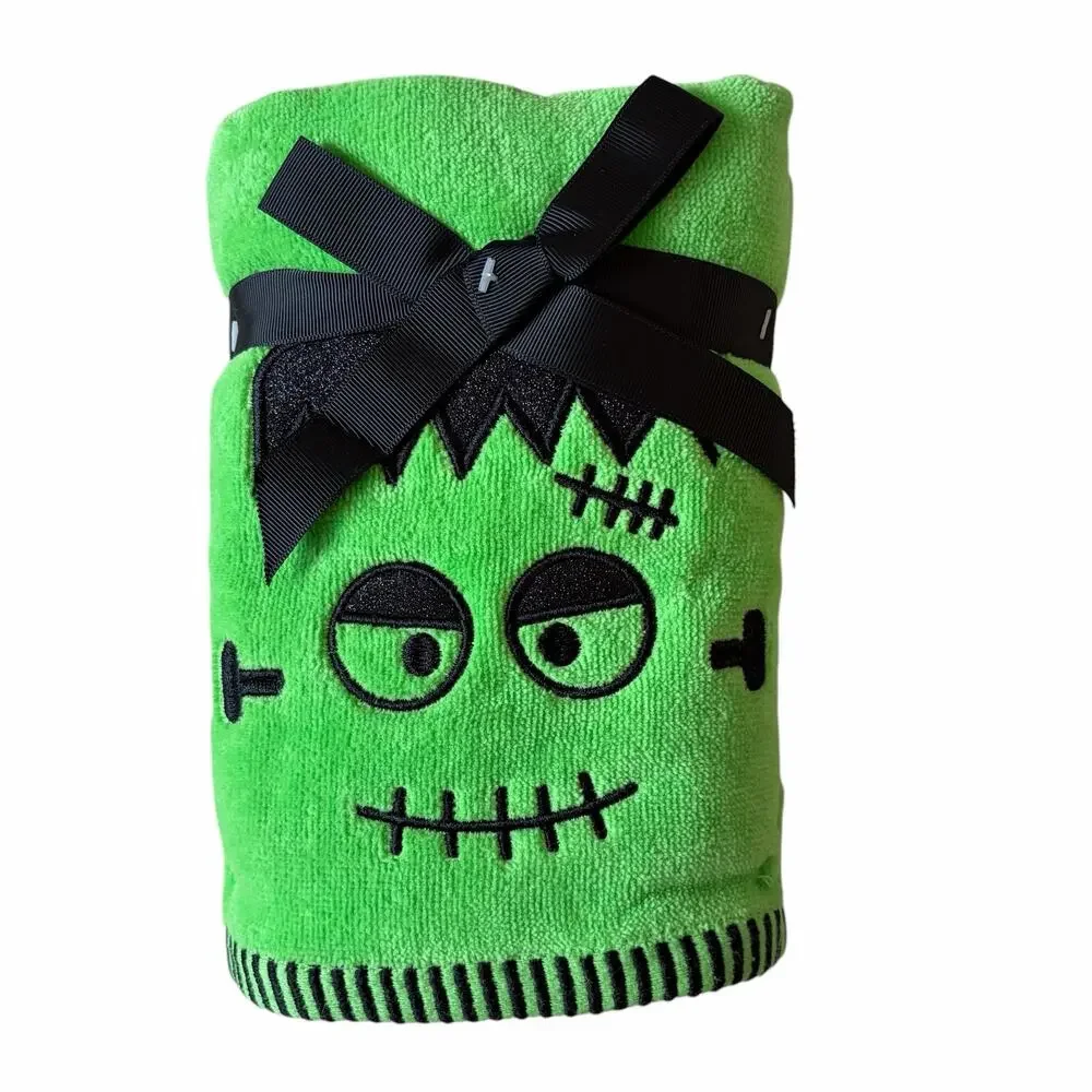 KASSAFINA Halloween Frankenstein Hand Towels 2pc Green Black Embroidered NEW